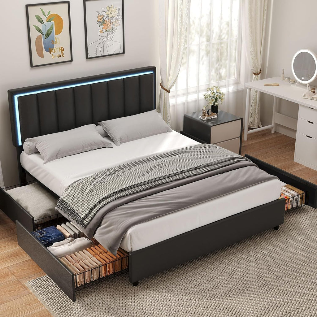 Queen Size Bed Frame with 4 Storage Drawers, Faux Leather Upholstered Bed Frame Queen with Headboard, RGB LED Ligths, Heavy Duty Metal and Wood Slat Support, No Box Spring Needed, Easy Assembly, Black