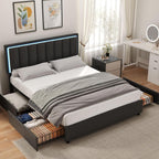 Queen Size Bed Frame with 4 Storage Drawers, Faux Leather Upholstered Bed Frame Queen with Headboard, RGB LED Ligths, Heavy Duty Metal and Wood Slat Support, No Box Spring Needed, Easy Assembly, Black