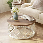 COZAYH Farmhouse Round Coffee Table, Distressed Wood Tray Top with Curved Motif Base, Rustic Boho French Country Living Room Table, White