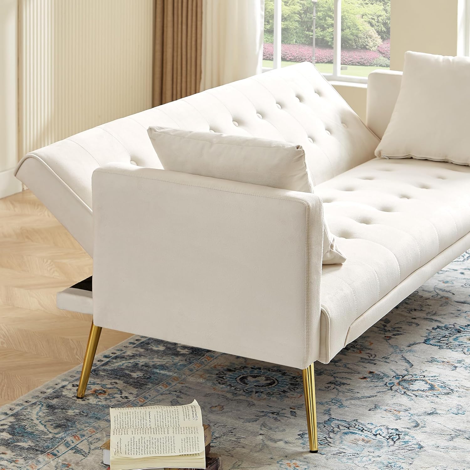 72"Modern Velvet Sofa Bed Futon,Convertible Folding Sleeper Bed Couches with 3 Adjustable Backrests,Tufted Recliner Loveseat with Golden Chrome Legs for Small Living Room Office (Beige+buttons tufted)