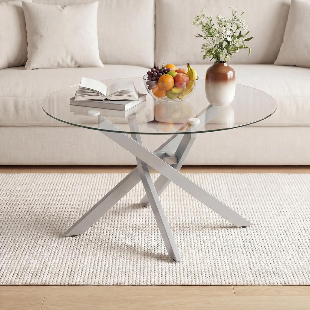 Giantex Round Glass Coffee Table, 31.5" Modern Center Table with Tempered Glass Top & Geometric Metal Frame, Clear Accent Cocktail Table, Small Coffee Table for Living Room, Small Spaces (Silver)