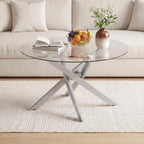 Giantex Round Glass Coffee Table, 31.5" Modern Center Table with Tempered Glass Top & Geometric Metal Frame, Clear Accent Cocktail Table, Small Coffee Table for Living Room, Small Spaces (Silver)