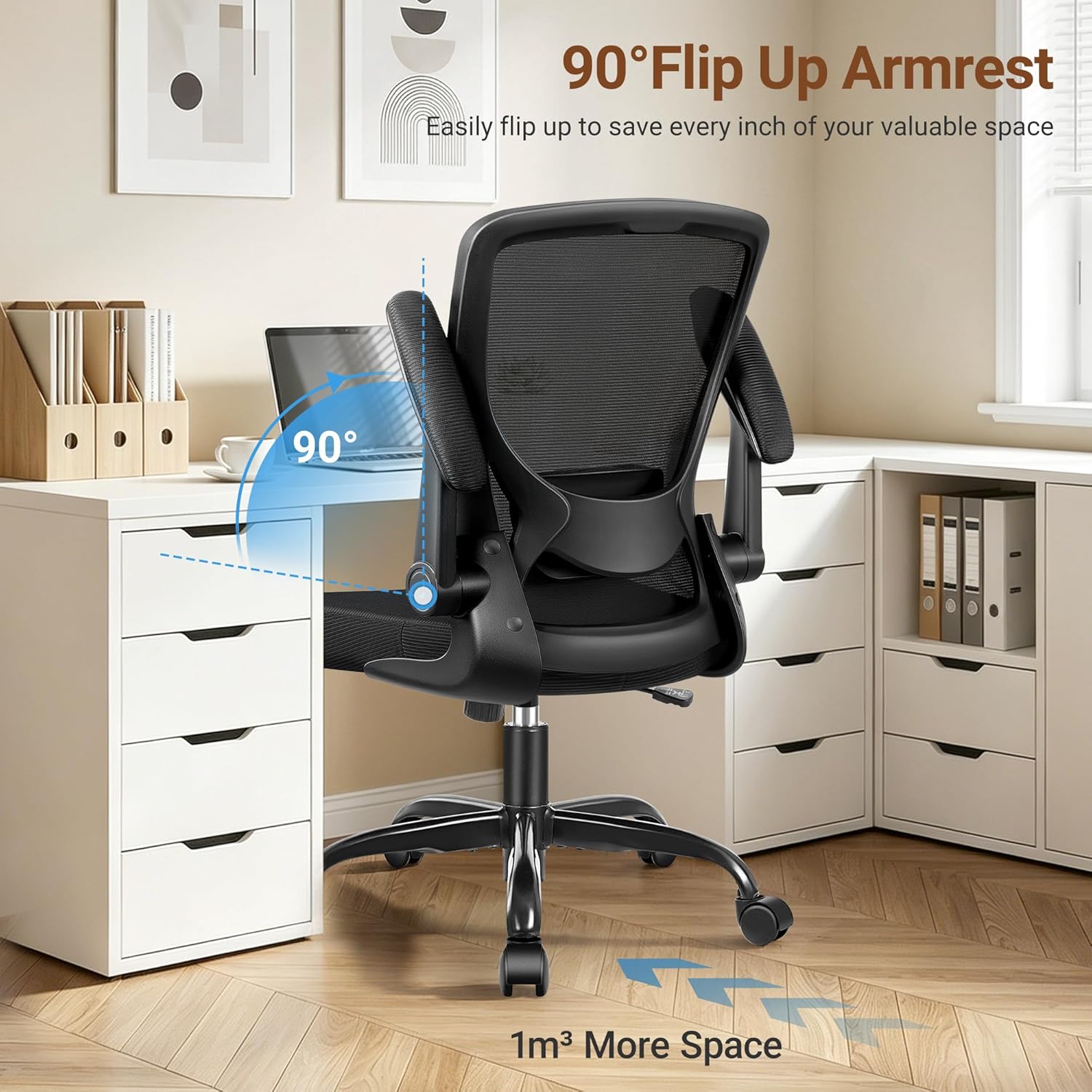 BESTFAIR Ergonomic Office Chair, Mesh Computer Desk Chair with Lumbar Support, Swivel Chair with Flip-up Arms and Adjustable Height, Black