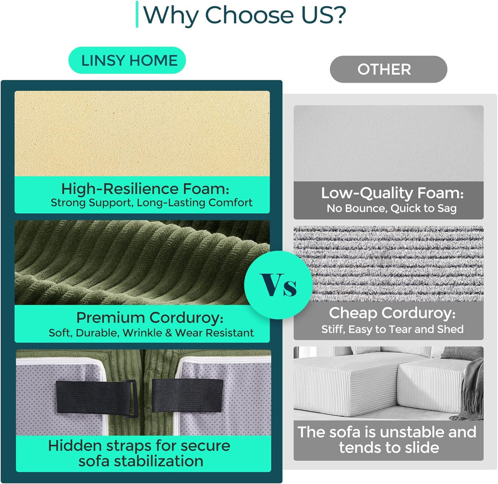 LINSY HOME Oversized Convertible Sofa Bed with 2 Pillows & Ottoman, Corduroy Boneless Couch Folding Modular Sleeper Sofa, L Shaped Couch Floor Sofa for Living Room Apartment, Upgrade Backrest (Green)