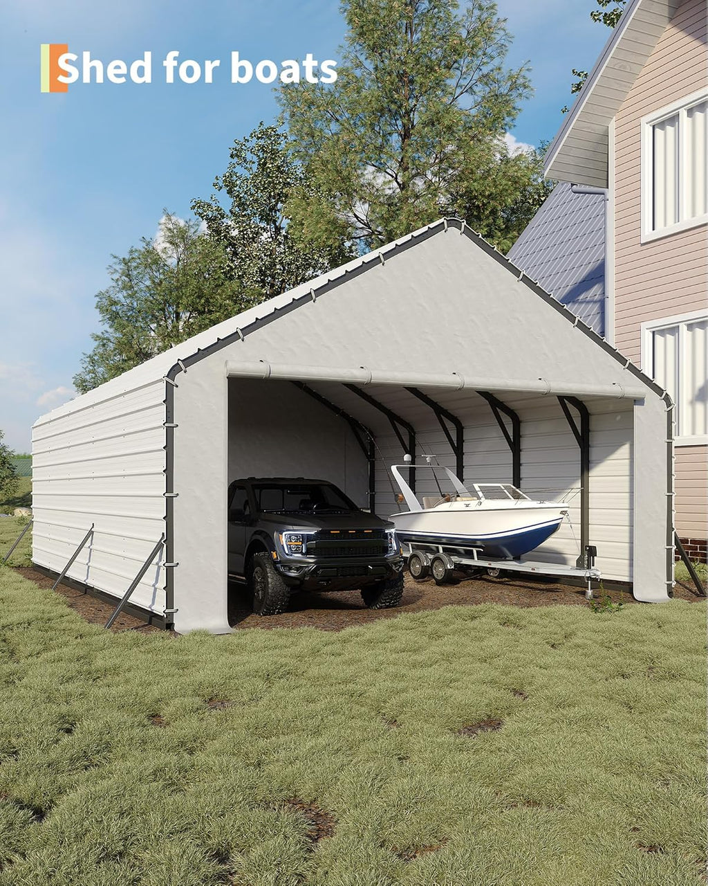 GarveeLife Heavy-Duty PE Enclosure Kit (2-Pack) for Metal Carport - 220gsm Roll-Up Zipper Door Panels for 20x25, 20x20 ft, with Ball Bungees, White