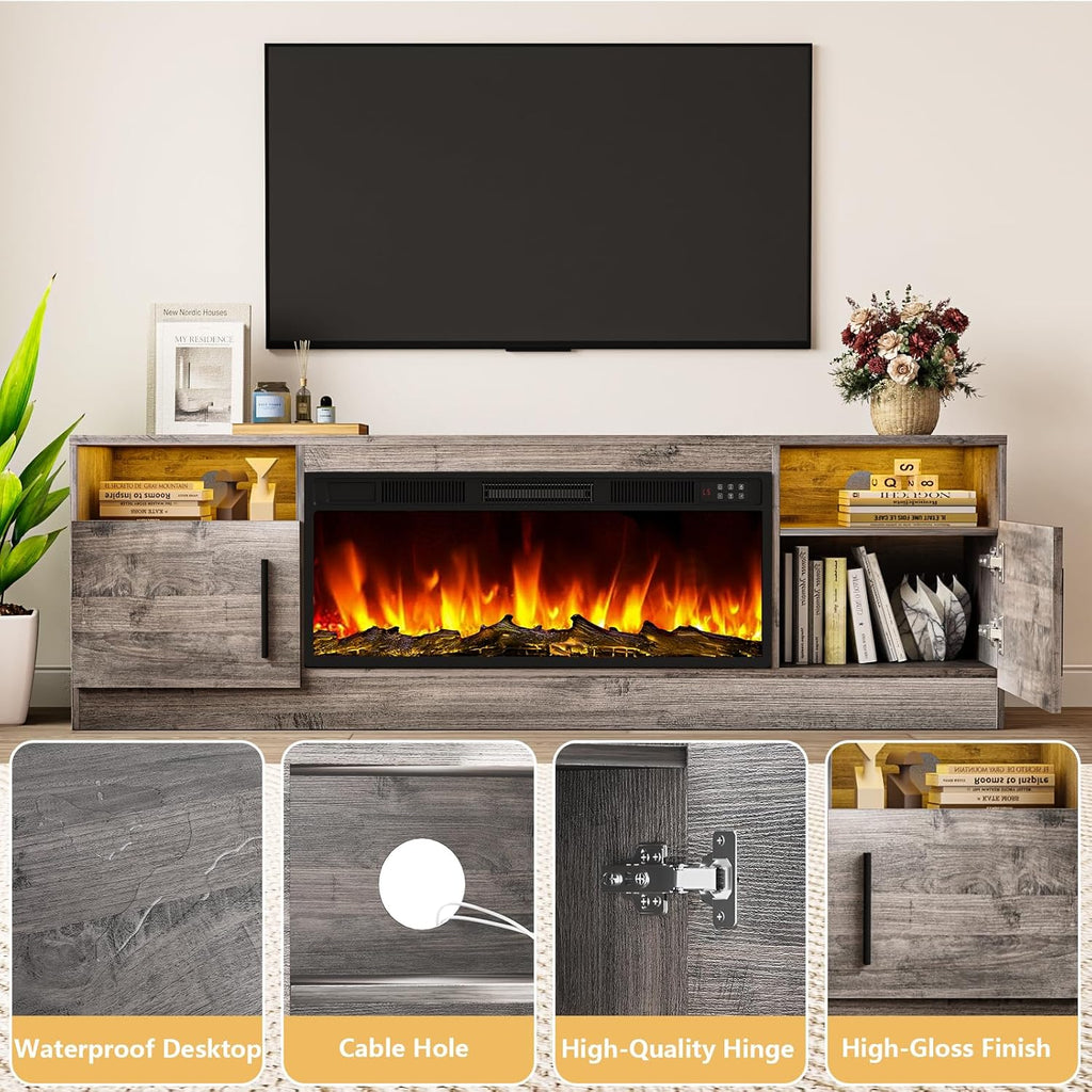 Tavata Fireplace TV Stand Entertainment Center with 36" Fireplace, 70" Wooden TV Console for TVs Up to 80", Modern TV Stands for Living Room with High Gloss Storage Cabinet and LED Lights (Grey)
