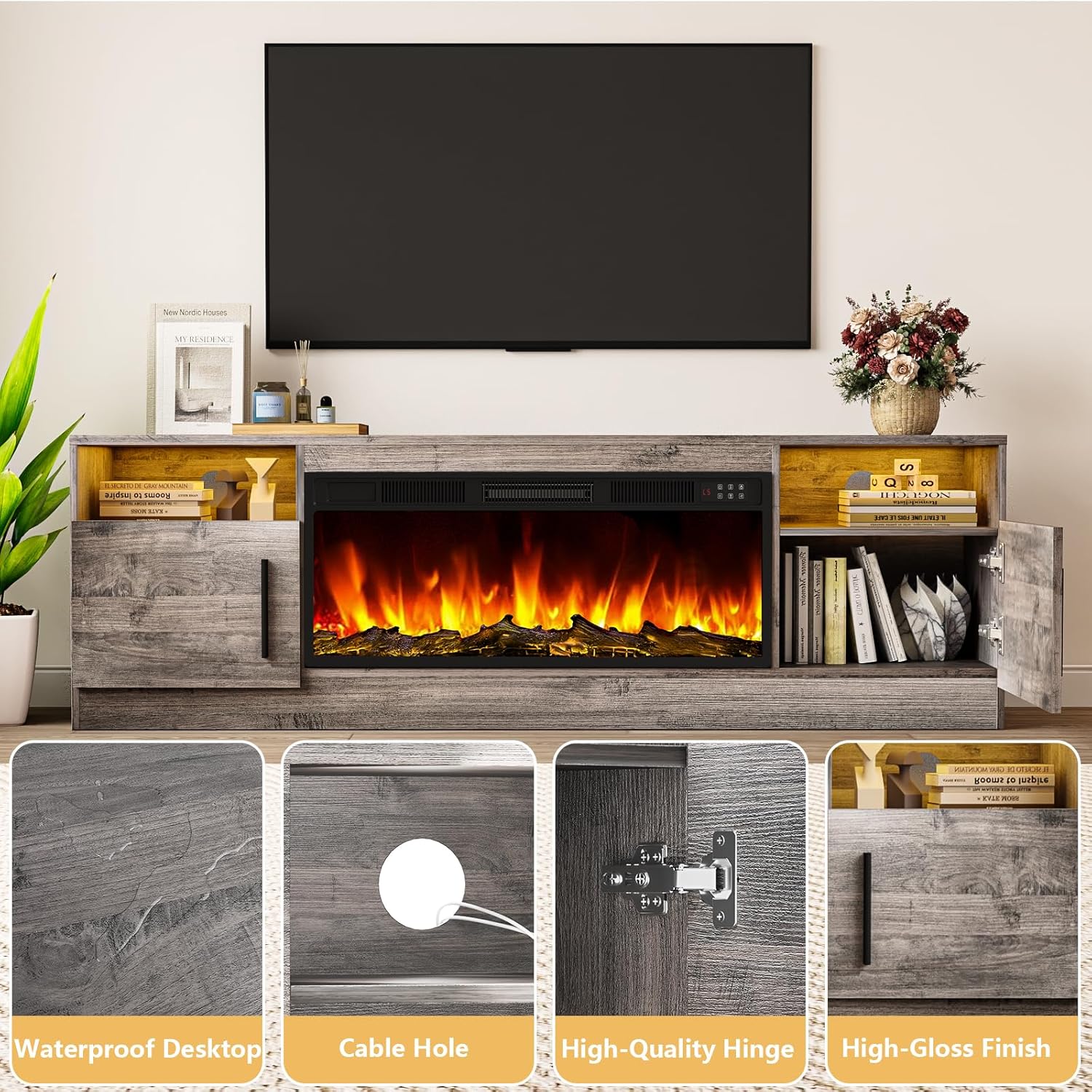 Tavata Fireplace TV Stand Entertainment Center with 36" Fireplace, 70" Wooden TV Console for TVs Up to 80", Modern TV Stands for Living Room with High Gloss Storage Cabinet and LED Lights (Grey)