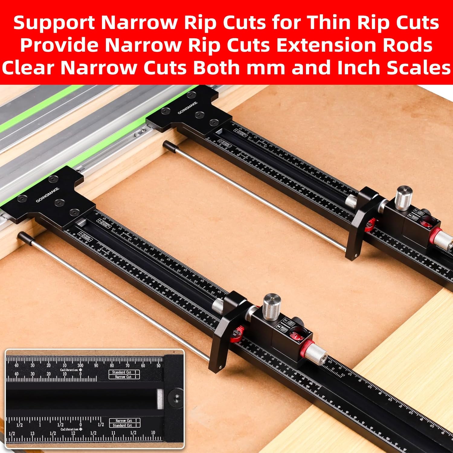 GOINGMAKE Track Saw Parallel Guide System with Mirco Adjustable Flip Stop and Zero Calibration for Woodworking Repeatable Rip Cuts for Track Saw Guide Rail Compatible with Festool,Makita,Milwaukee