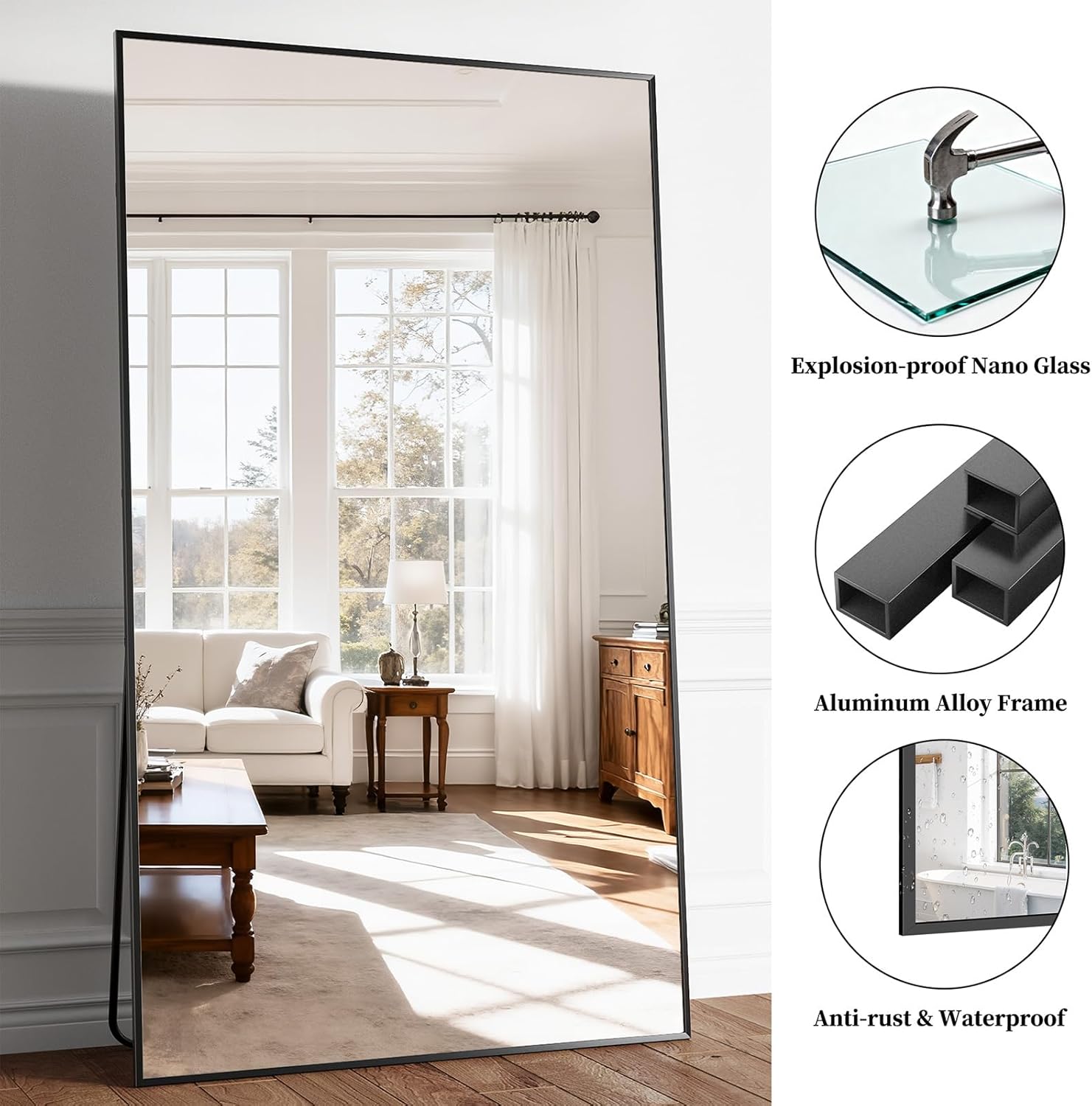 Full Length Mirror, 77"x38" Large Floor Mirror with Stand, Tall Full Body Mirrors for Bedroom, Hanging Mounted for Living Room Cloakroom, Aluminum Alloy Frame, Black