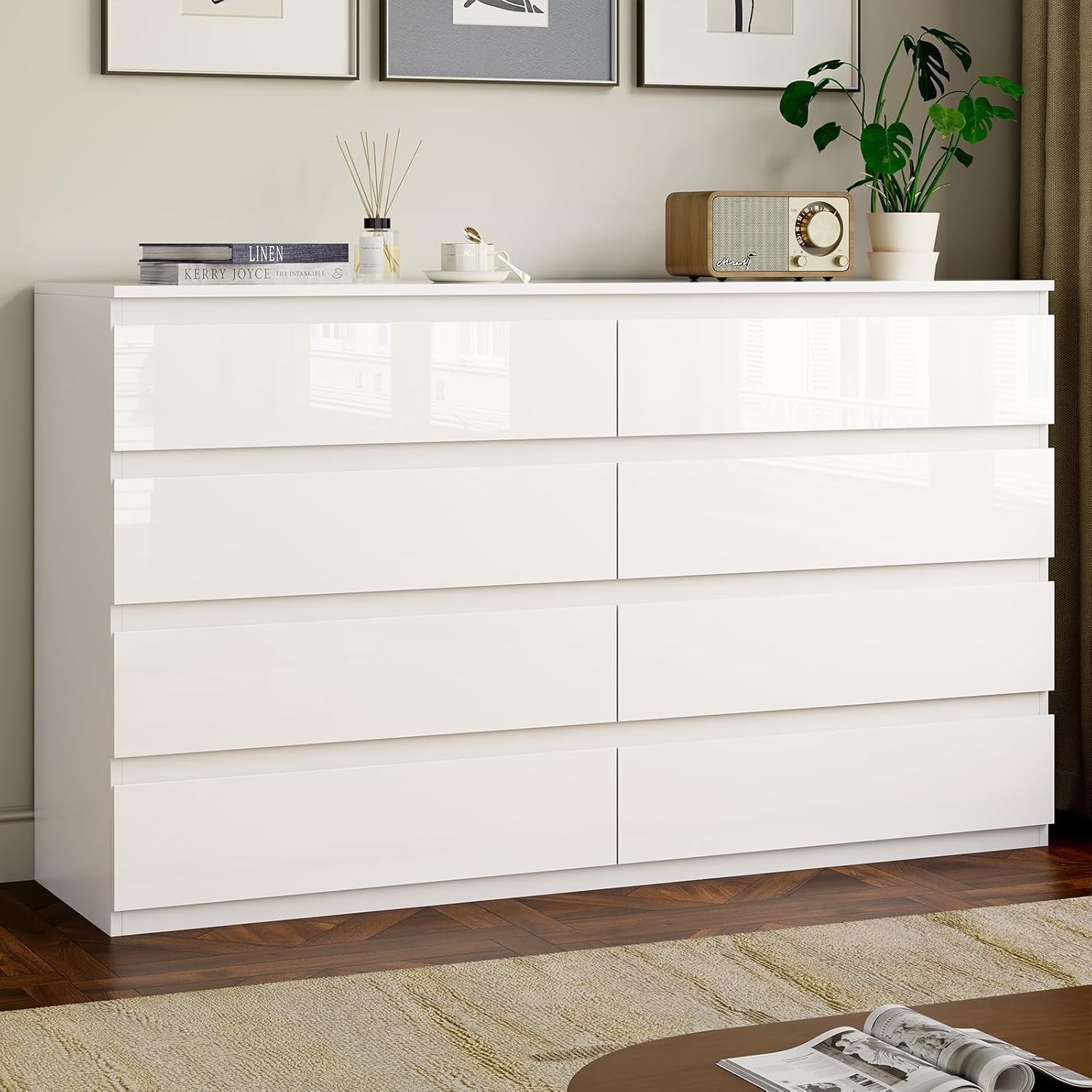 White Wood Dresser for Bedroom, 8 Drawer Dressers for Clothes Storage, Modern Dresser with Wide Drawers, Wide Wooden Chest Drawers for Living Room, Entryway, TV Stand(55" W x15.4 Dx32.3 H)