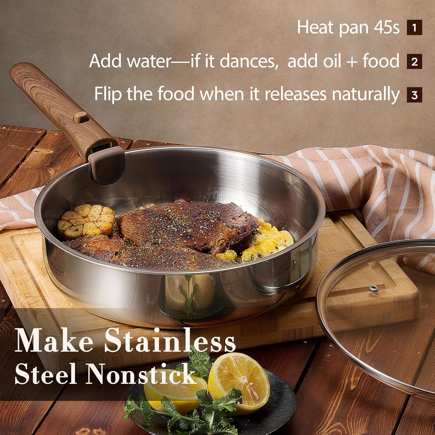 CAROTE 19pcs Stainless Steel Cookware Set with Detachable Handle, Pots and Pans Set, Induction Kitchen Cooking Sets, RV/Camping Cookware, Removable Handle, Oven Safe, Woodgrain