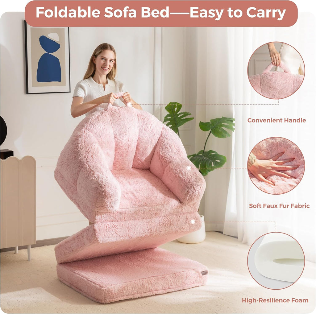 MAXYOYO Folding Sofa Bed, 2 in 1 Convertible Sofa to Lounger Comfy Single Bean Bag Chair for Adults, Floor Sleeper Couch with Handle, Faux Fur Couch Bed for Living Room Bedroom, Pink
