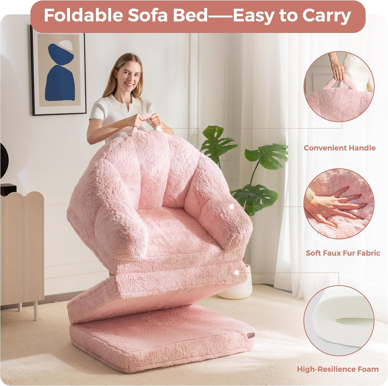 MAXYOYO Folding Sofa Bed, 2 in 1 Convertible Sofa to Lounger Comfy Single Bean Bag Chair for Adults, Floor Sleeper Couch with Handle, Faux Fur Couch Bed for Living Room Bedroom, Pink