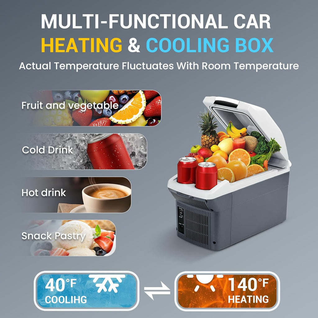 9 Quart (9 Liter) Portable Car Refrigerator & Warmer, 12V Thermoelectric Cooler/Heater for Cars, Trucks, Camping, Travel, Outdoor - Dual-Use Electric Cooler with Car Plug-In