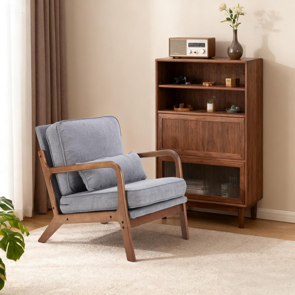 DUMOS Mid Century Accent Chair, Modern Living Room Chair with Arms and Waist Cushion, Reading Chairs for Adults, Lounge Chair for Bedroom, Solid Wooden Frame,Classic Grey