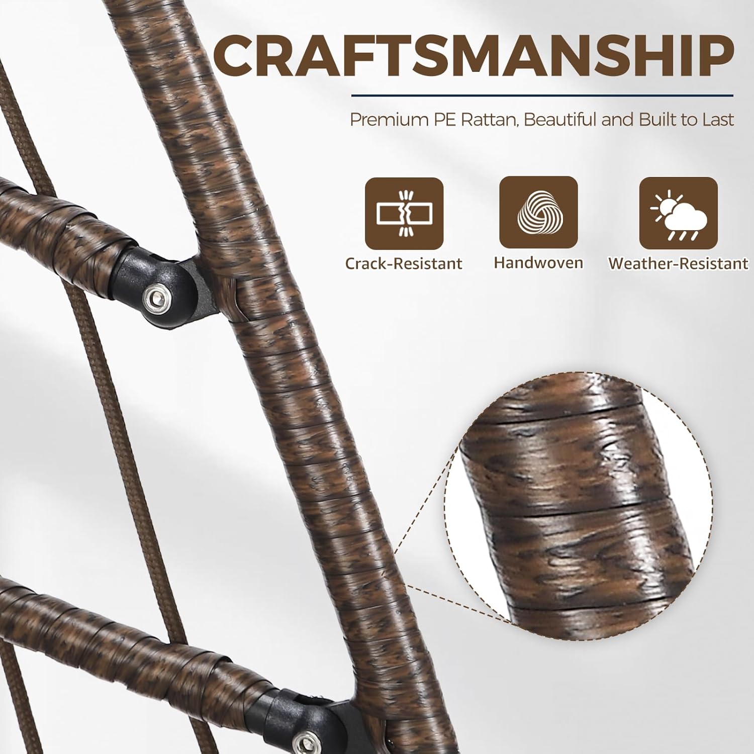 Nicesoul Outdoor Hanging Egg Chair Without Stand, Patio Wicker Swing Egg Basket Chairs with Padded Cushions, 350 Lbs Ceiling Tree Swinging Egg-Shaped Chair No Stand for Indoor Bedroom Porch, Brown