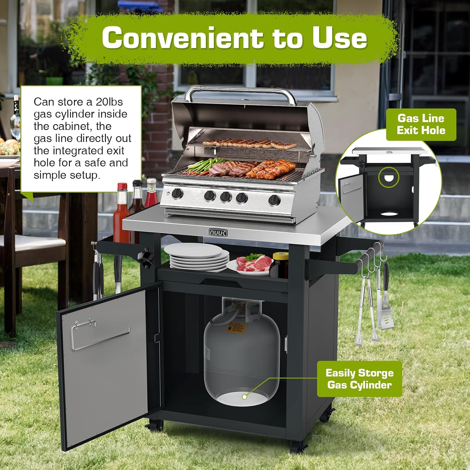 NUUK Grill Table with Storage Cabinet  Outdoor Bar Cart Pizza Oven Table with Wheels  Stainless Steel Top Kitchen Island 20" x 30" Rolling Prep Station for Indoor  BBQ  Deck  Backyard