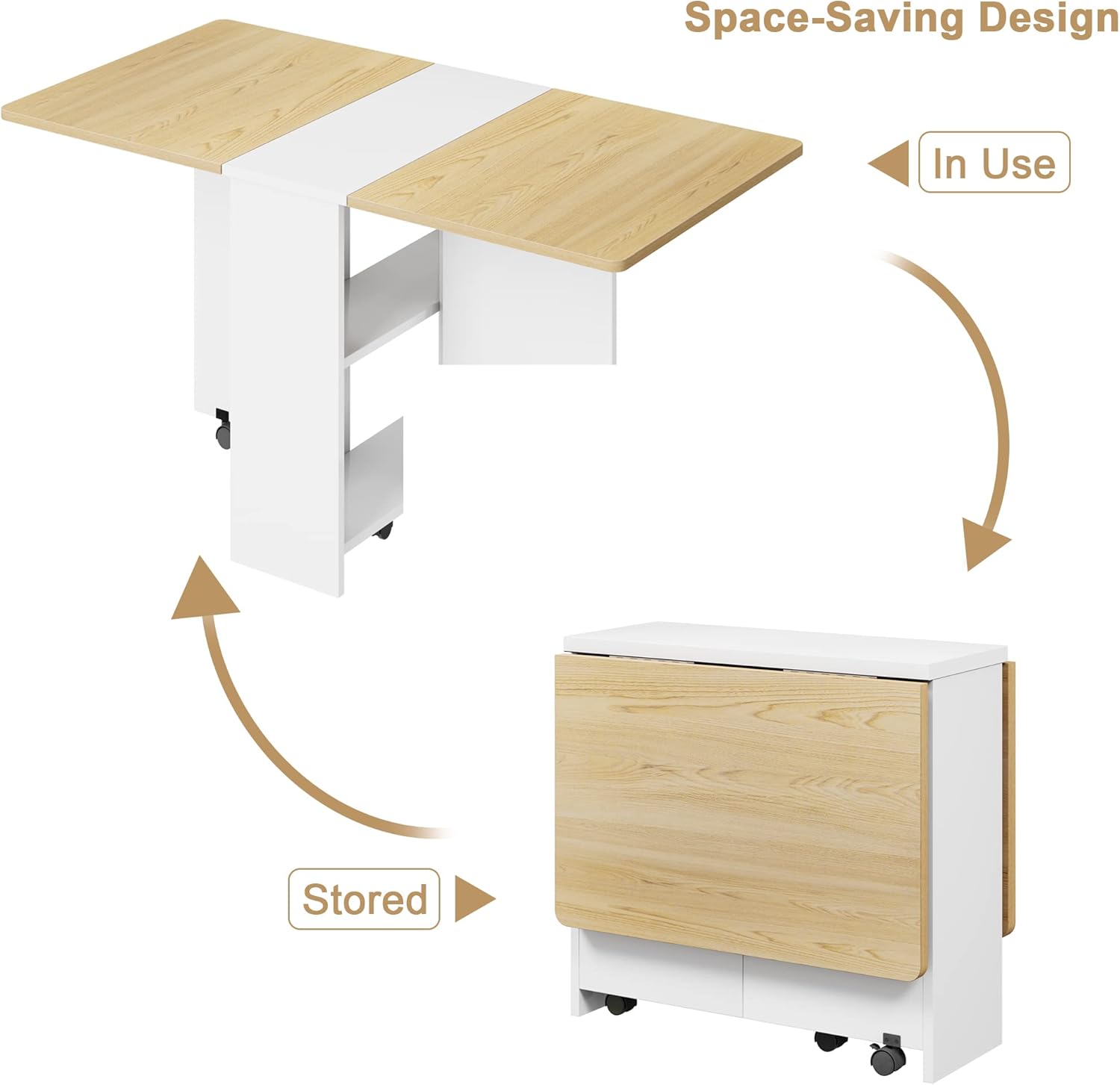 Space Saving Folding Dining Table with 2 Tier Storage-Extendable Drop Leaf Farmhouse Wood Kitchen Dining Room Tables Set for 4, Collapsible Expandable Rectangle Dinner Kitchen Office Furniture
