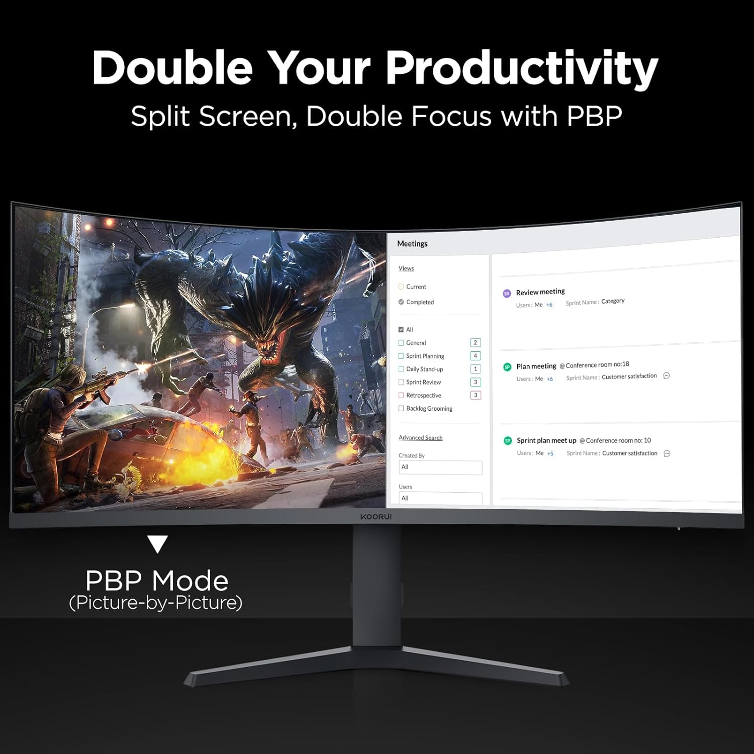 KOORUI 34-inch Ultrawide Curved WQHD 3440×1440 Gaming Monitor  165Hz 144Hz Curved 1000R- PIP/PBP  1ms(MPRT) with DisplayHDR 400  FreeSync Premium  75 * 75mm VESA  HDMI/DisplayPort  34E6UC