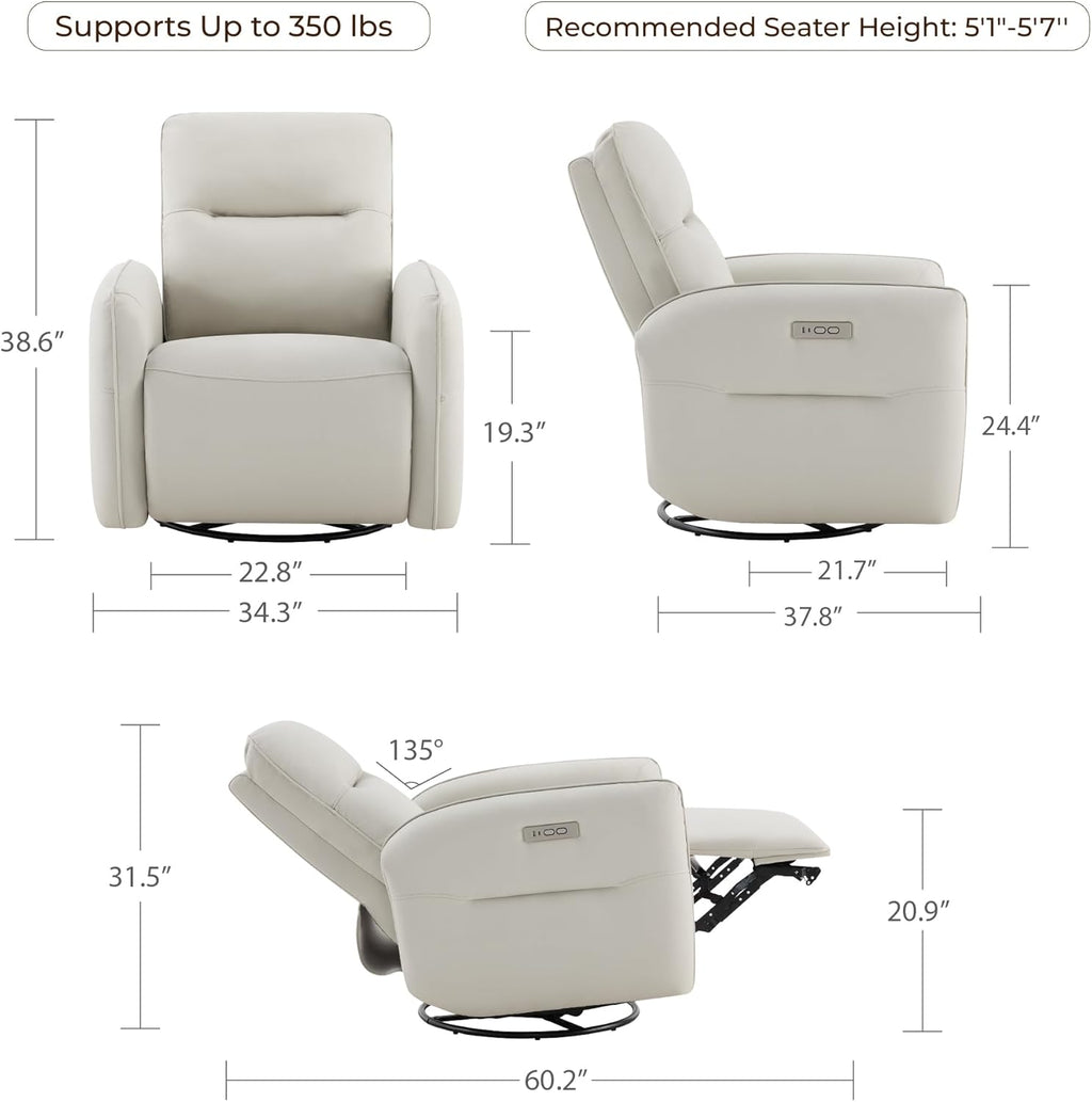 CHITA Faux Leather Power Recliner Chair, Swivel Glider Recliner for Adults, Nursery Rocking Chair with USB & Type-C Charging for Living Room, Bedroom, Creamy Grey