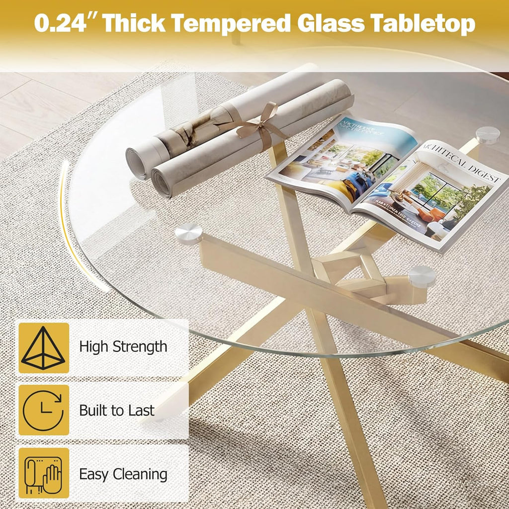 Giantex Round Glass Coffee Table, 31.5" Modern Center Table with Tempered Glass Top & Geometric Metal Frame, Clear Accent Cocktail Table, Small Coffee Table for Living Room, Small Spaces (Gold)
