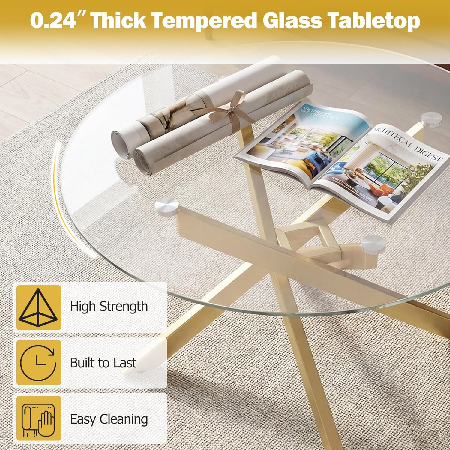 Giantex Round Glass Coffee Table, 31.5" Modern Center Table with Tempered Glass Top & Geometric Metal Frame, Clear Accent Cocktail Table, Small Coffee Table for Living Room, Small Spaces (Gold)