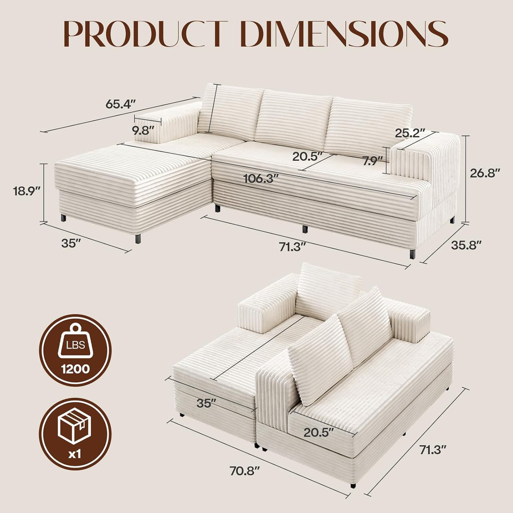 106" Cloud Modular Sectional Sofa with Chaise Lounge, No Assembly L Shaped Couch with Iron Frame, Modern Fluffy Corduroy Couches for Living Room, Bedroom, Office, Left Facing Chaise, White