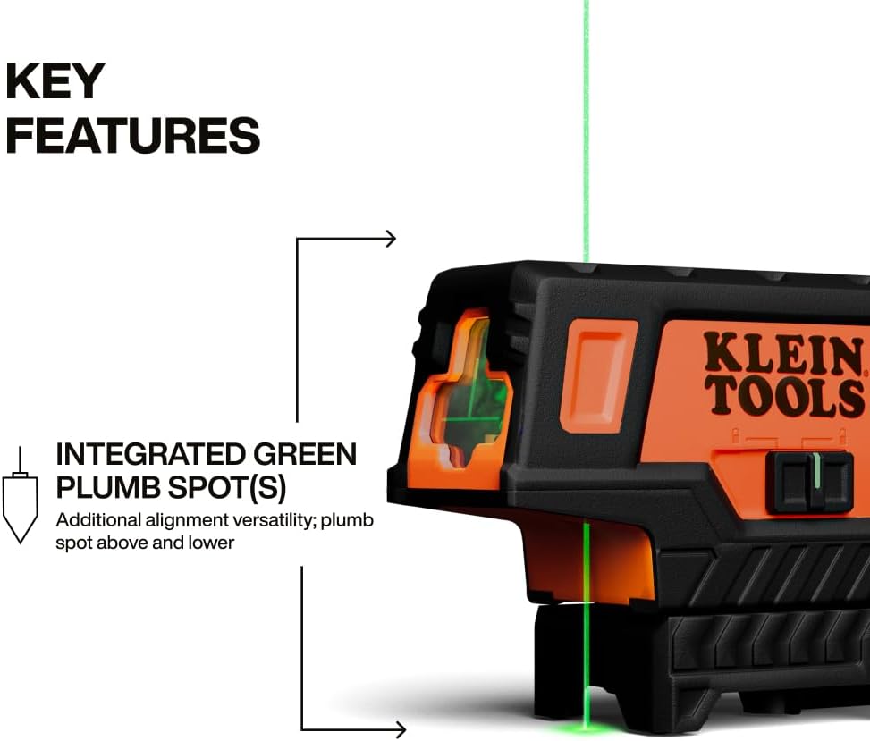 Klein Tools 93MCLPG Compact Self-Leveling Laser Level with Plumb Spot, Bright Green Cross Line, 75-Foot Range, Laser Class 2, Power Output
