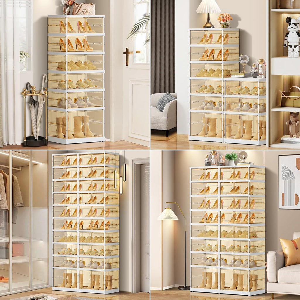 10 Tiers 20-40 Pairs Foldable Shoe Rack for Closet Plastic Stackable Shoe Boxes for Garage Collapsible Shoes Shelf with Doors Storage Organizer Cabinet Quick Assembly,Brown
