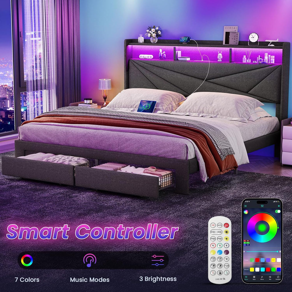 Queen Bed Frame with 2-Tier Storage Headboard, Upholstered Bed Frame Queen Size with 2 Drawers, Charging Station and LED Lights, No Box Spring Needed, Easy Assembly - Dark Grey