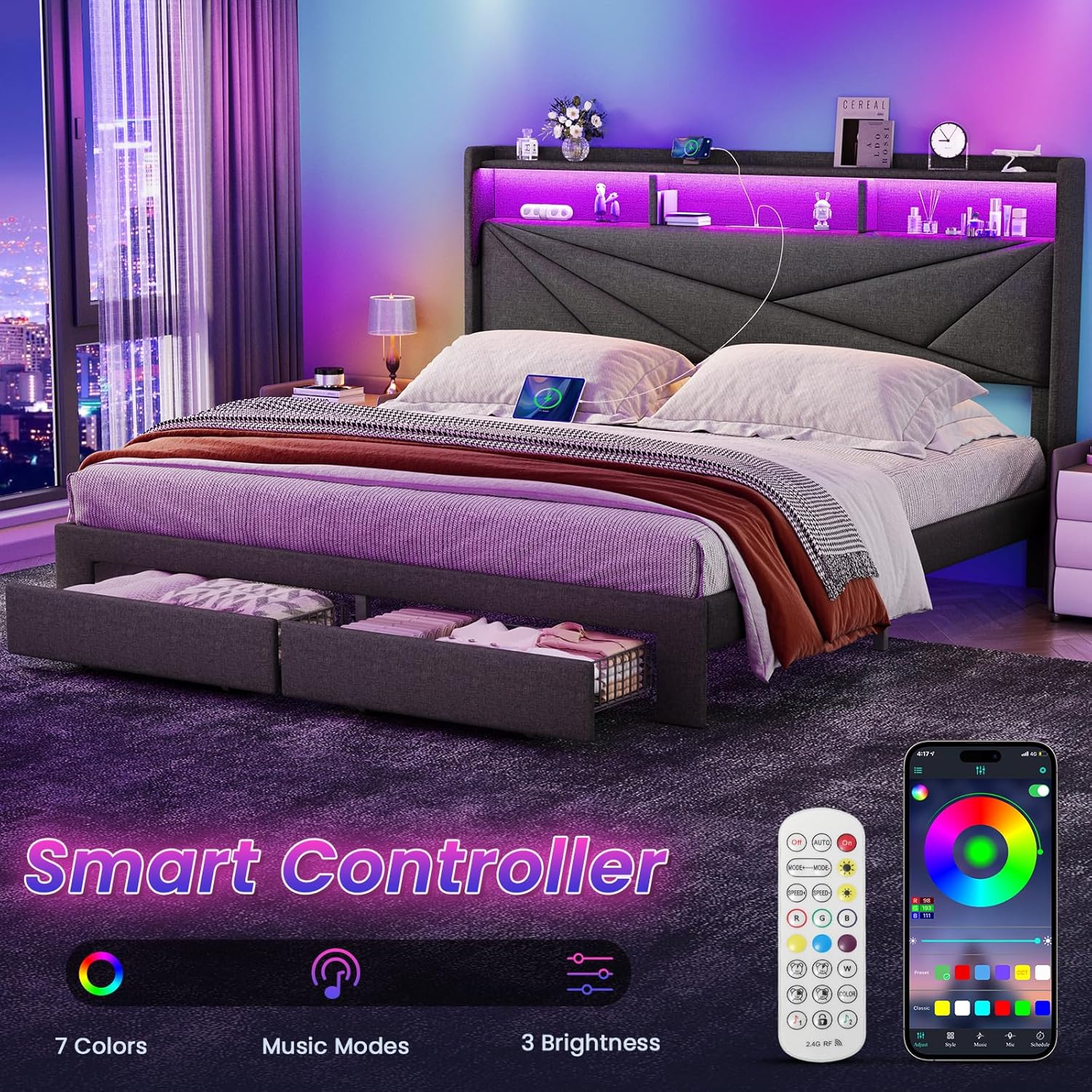 King Size Bed Frame with 2-Tier Storage Headboard, Upholstered King Bed Frame with 2 Drawers, Charging Station and LED Lights, No Box Spring Needed, Easy Assembly - Dark Grey