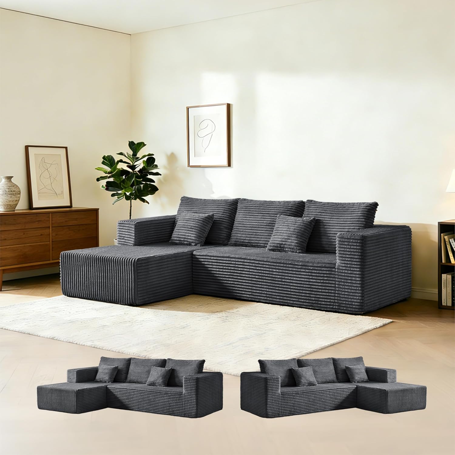 106" Corduroy Boneless Modular Sectional Sofa, Cloud-Louch Deep Seat Sofa with Left Chaise for Living Room & Bedroom（L-Shaped Left Hand Facing ）