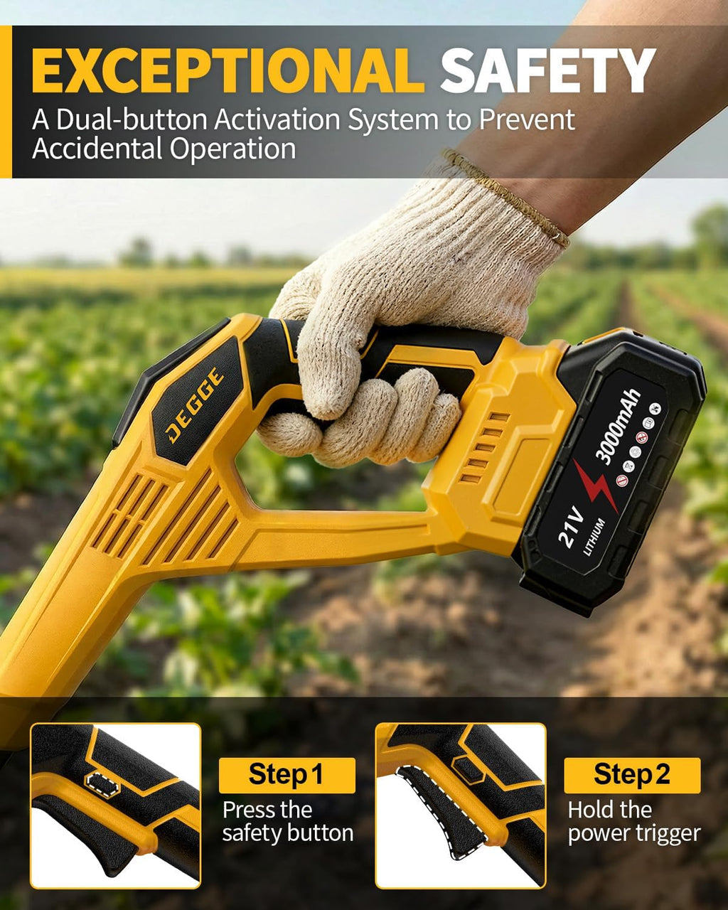 DEGGE Tiller, Cordless Tiller Cultivator with 48 Steel Tines, 9 inch Tilling Width and 6.7 inch Depth, 2 x 3.0Ah 21V Batteries & Charger, Gardening Tools for Lawn/Gardening/Soil Cultivation