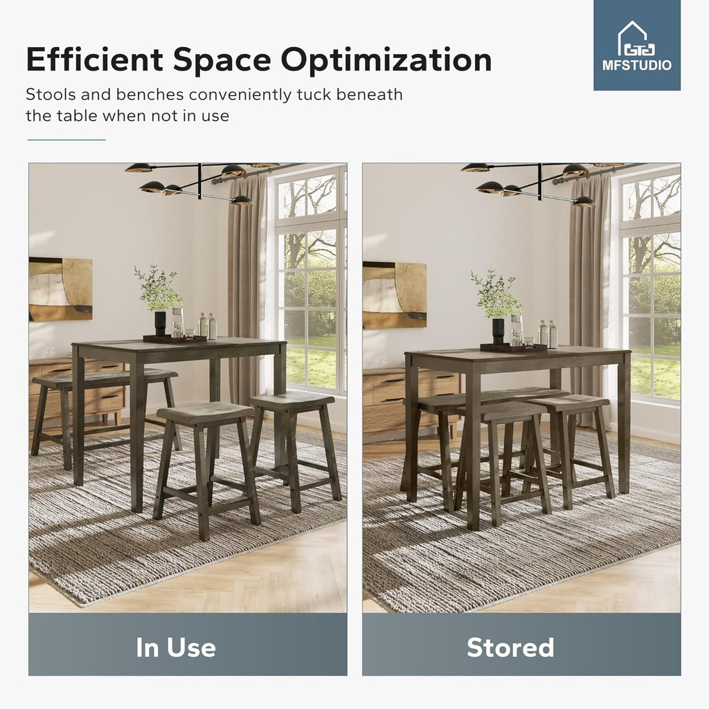 MFSTUDIO Dining Table Set for 4, Wooden Counter Height Table and Chairs, Bar Table Set with Bench, Small Kitchen Table and Chairs Set of 4, Smoky Brown