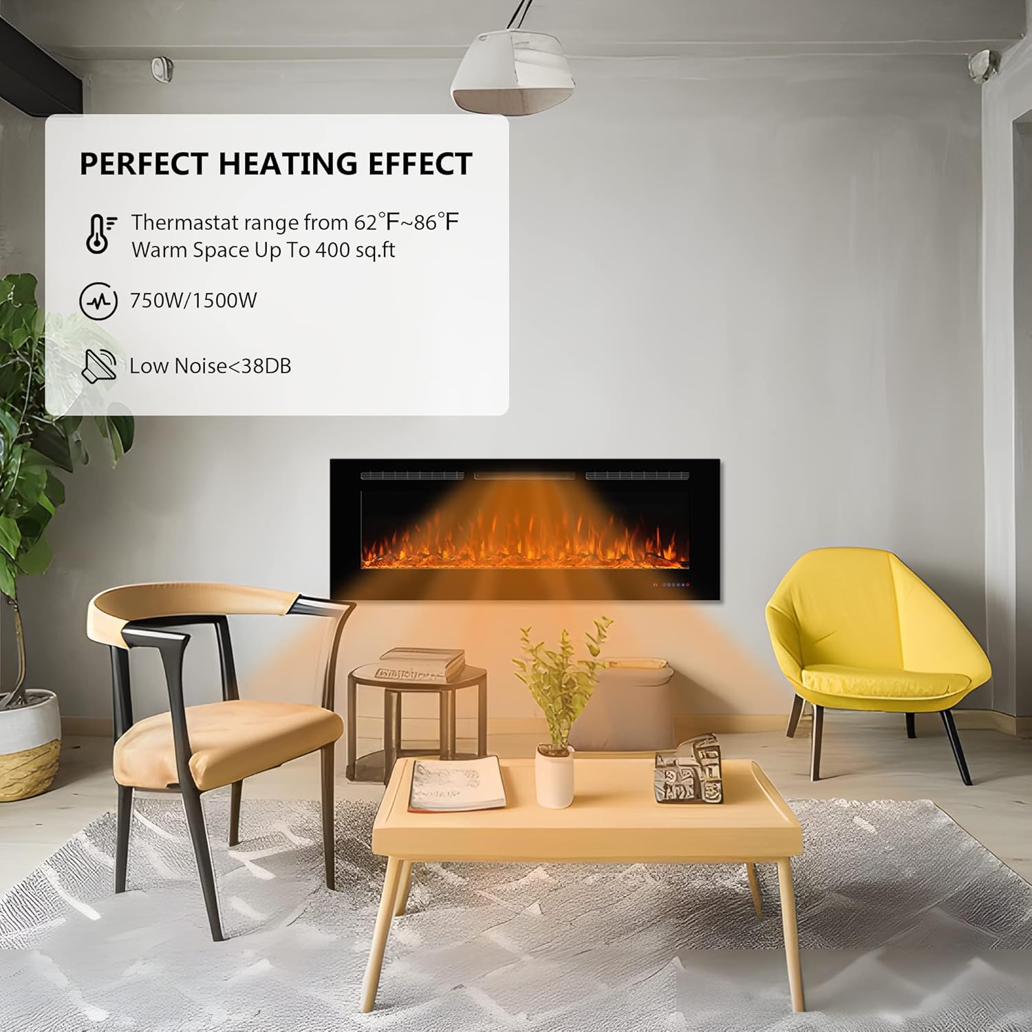 Electric Fireplace 36inches, Wall-Mounted & Recessed Fireplace Inserts, Multicolor Flame w/5 Dimmer, Remote Control Thermostat, Timer, Overheating Protection, Hardwire Connect, 1500W,Black