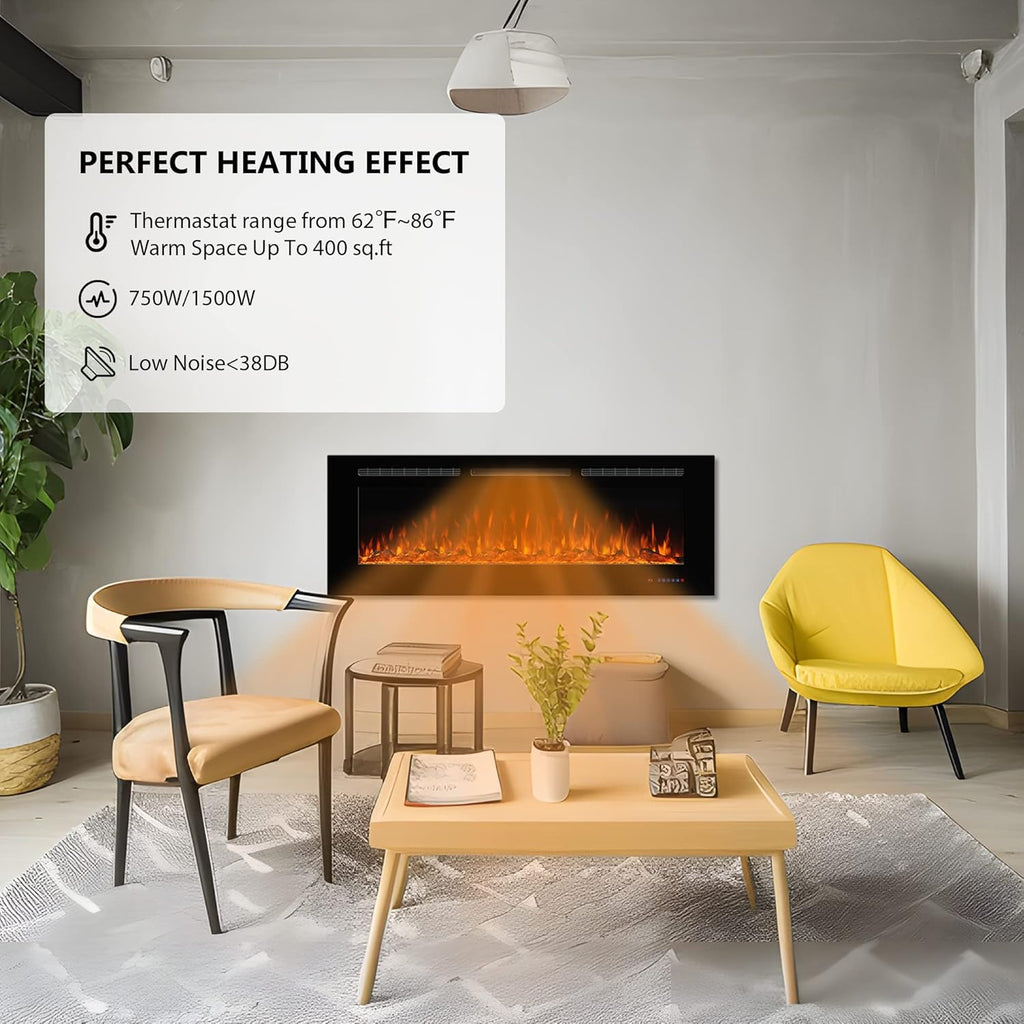 Electric Fireplace 40 inch Wide 26.5" High, Wall-Mounted & Recessed Fireplace Inserts, Multicolor Flame w/5 Dimmer, Remote Control Thermostat, Timer, Hardwire Connect, 1500W,Black