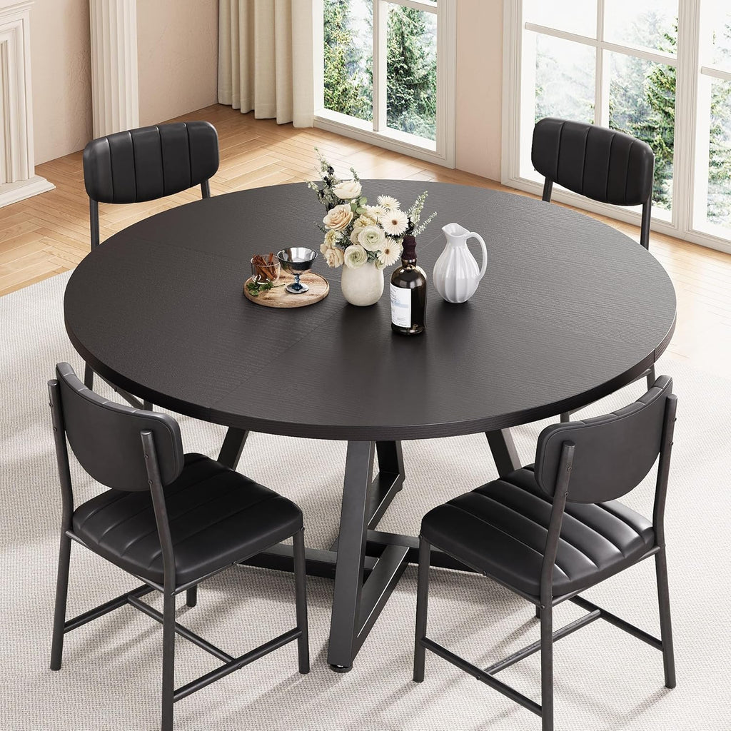 Jocoevol Round Kitchen Dining Room Table Circle Dining Dinner Table with Pedestal Metal Frame, Space Saving Wood Industrial Furniture for Small Space (Black, 47IN)