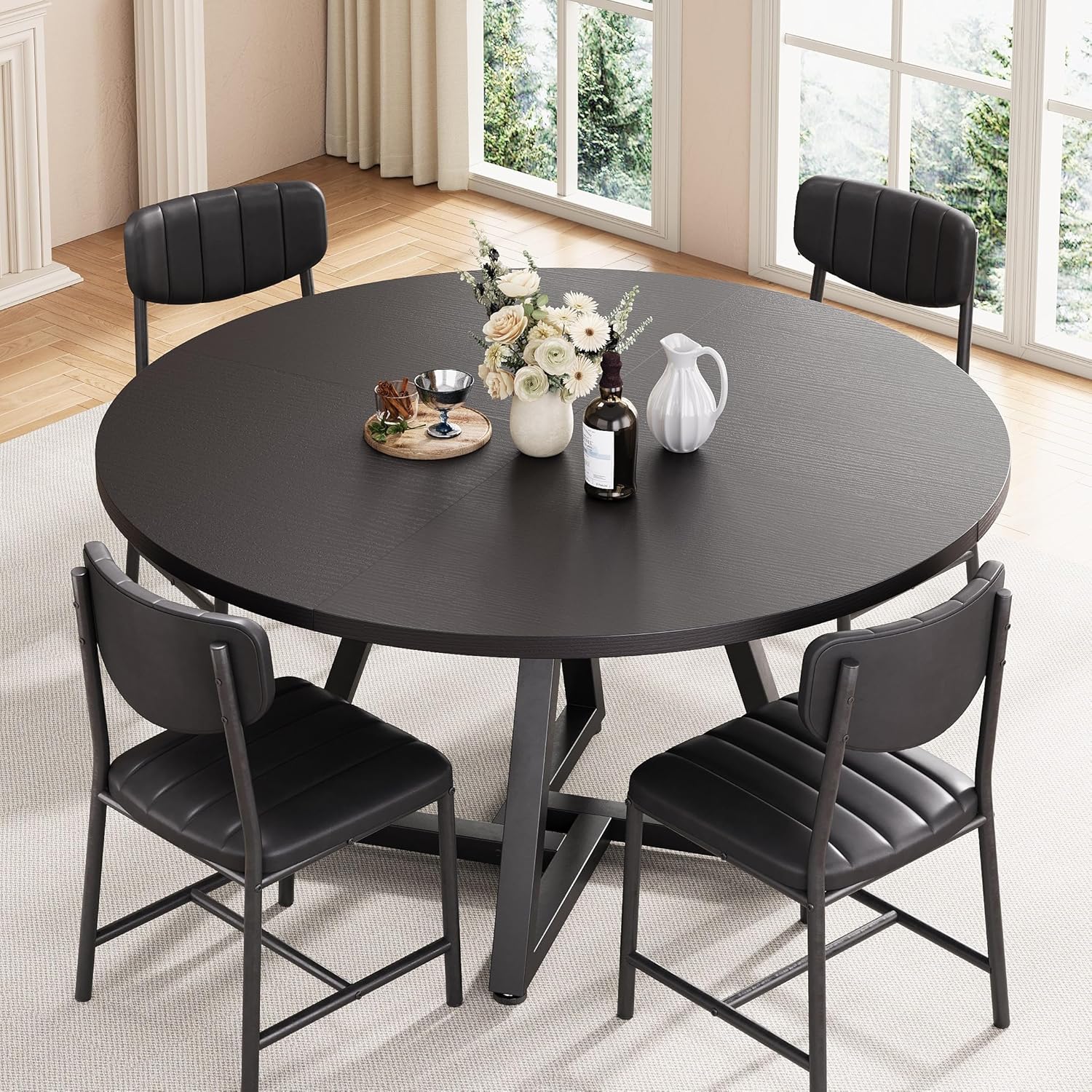 Jocoevol Round Kitchen Dining Room Table Circle Dining Dinner Table with Pedestal Metal Frame, Space Saving Wood Industrial Furniture for Small Space (Black, 47IN)