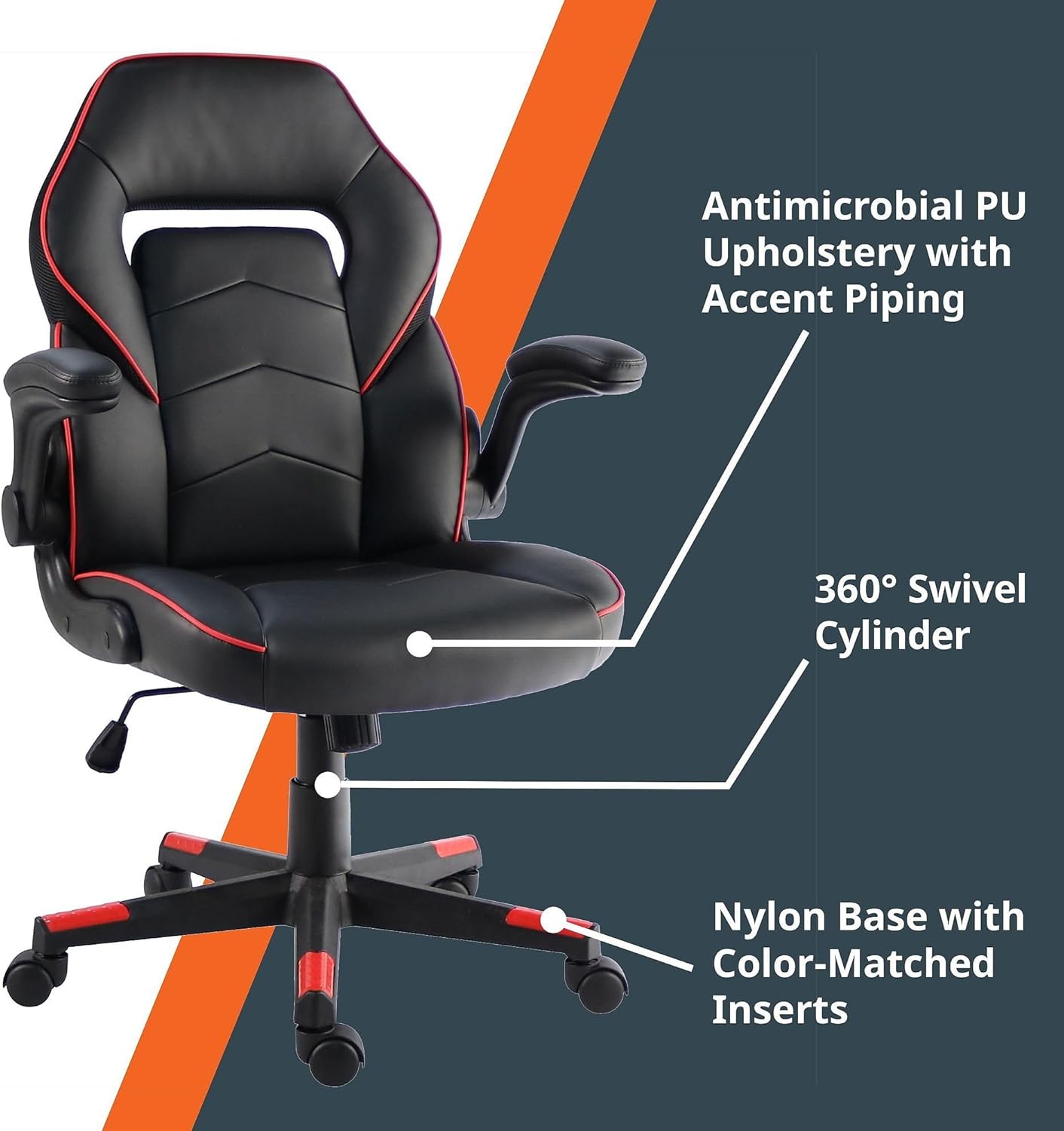 NuSparc SpawnSafe Gaming Chair, Adjustable Height, Flip-up Armrests, 360° Swivel, Black/Red