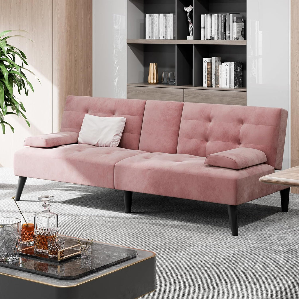 Shintenchi Futon Sofa Bed, Velvet Foldable Couch, Reclining Sleeper with Removable Armrests, Upholstered Loveseat Sofa Couch with Folding Cup Holders for Home, Office, Pink