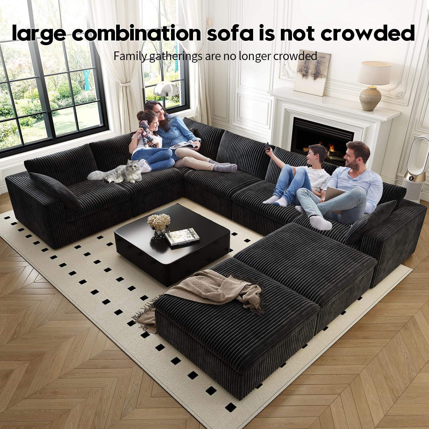157.5" Cloud Couch Oversized Modular Sectional Sofa for Living Room,Modern Sofa with Deep Seat .8 Seater Boneless Couch with 2 Ottoman,Comfy Upholstered Couches for Apartment, Studio, Office,Black