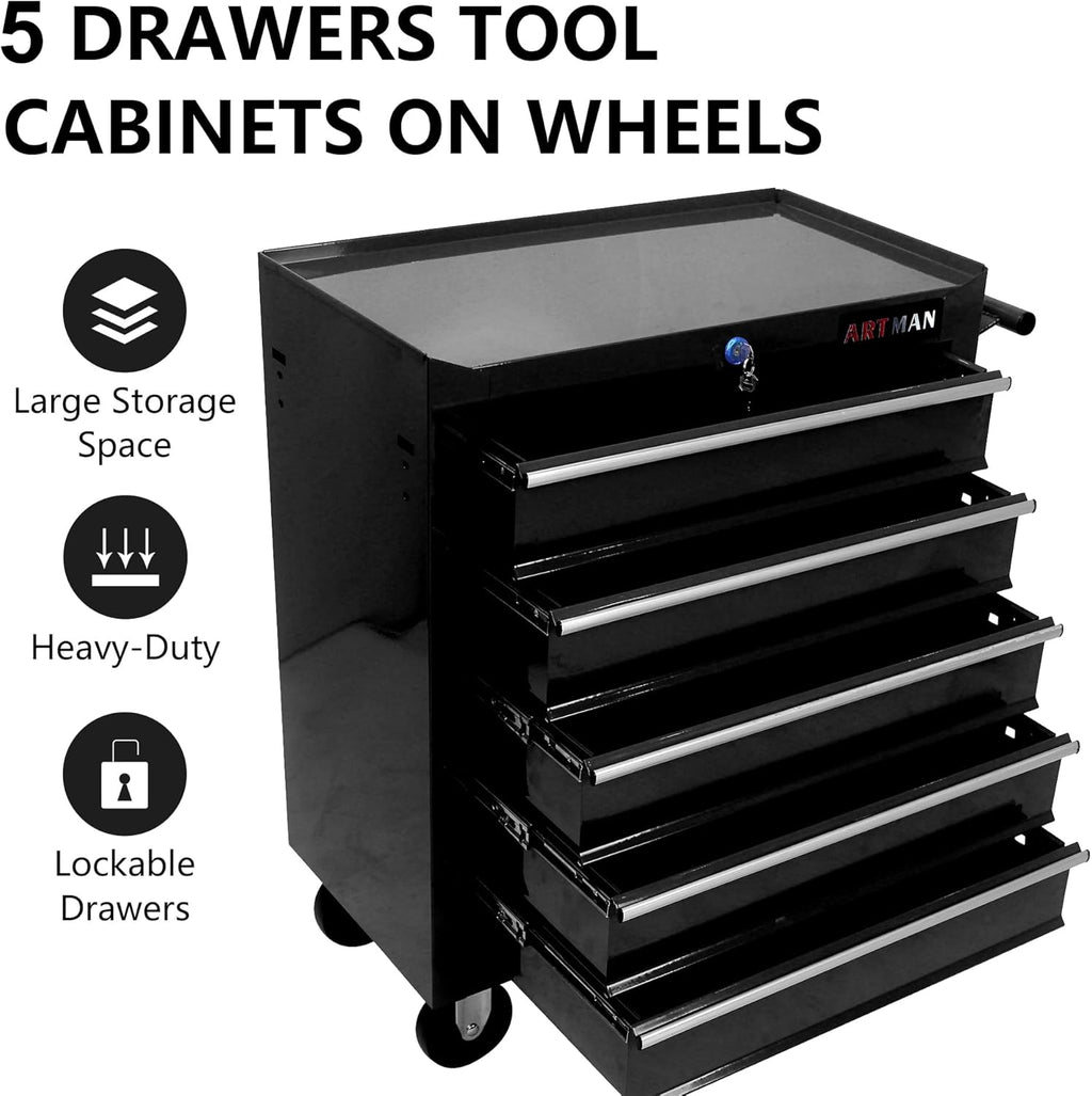 RYH 5Drawers Rolling Tool Chest & Tool Box on Wheels | Heavy Duty Metal Cart with Ball Bearing Drawers | Fits US General Tool Box for Garage Storage (Black, 5 Drawers（29.9" H × 24.2" W × 12.9" D)