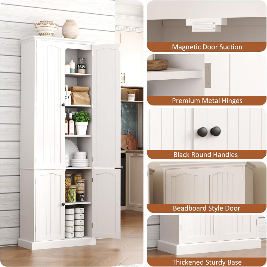Function Home 72" Kitchen Pantry Cabinet, Tall Wood Storage Cabinet with Doors and Adjustable Shelves, 6-Tier Freestanding Cupboard for Kitchen Dining Room Living Room Bathroom, White