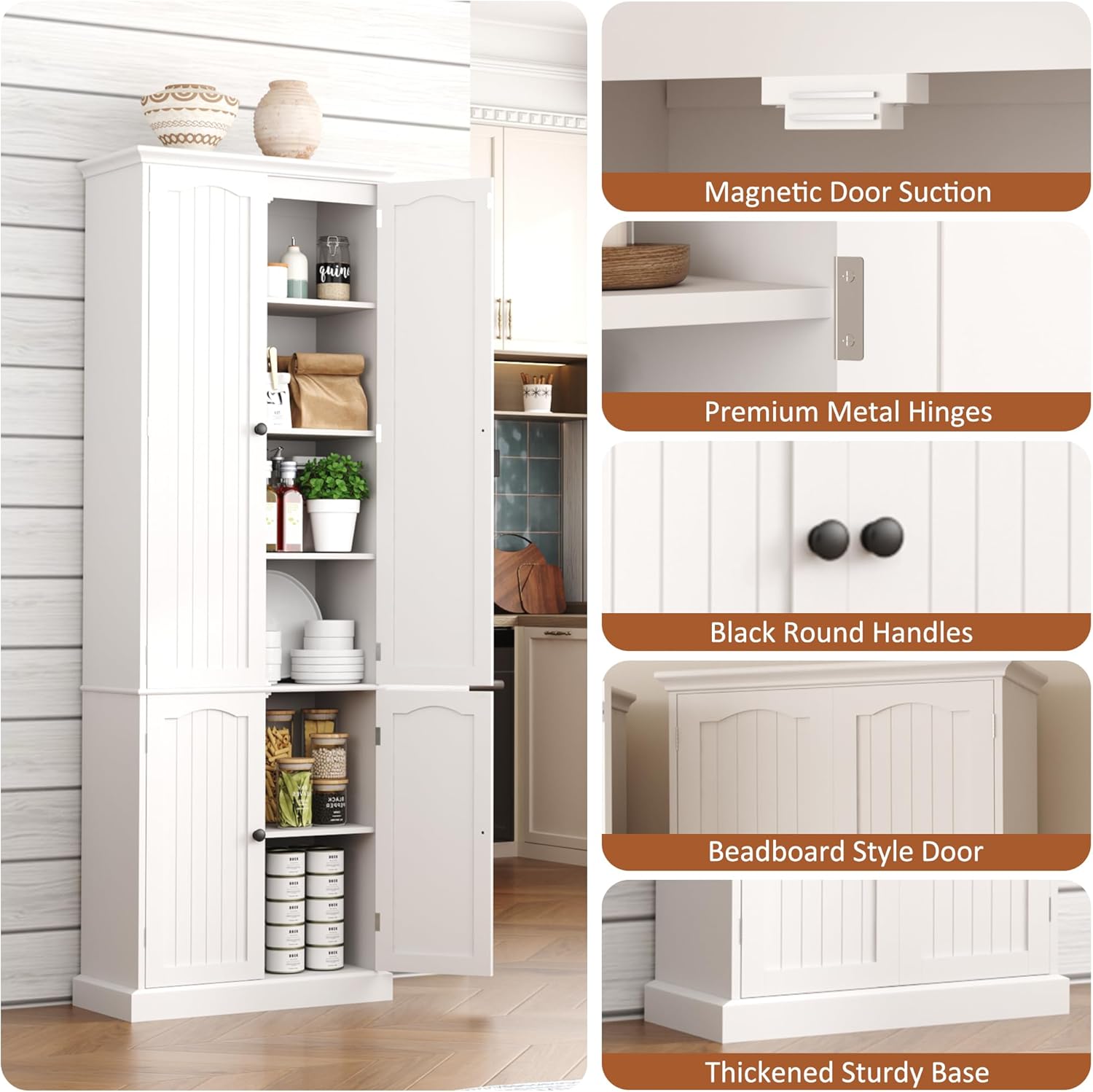 Function Home 72" Kitchen Pantry Cabinet, Tall Wood Storage Cabinet with Doors and Adjustable Shelves, 6-Tier Freestanding Cupboard for Kitchen Dining Room Living Room Bathroom, White