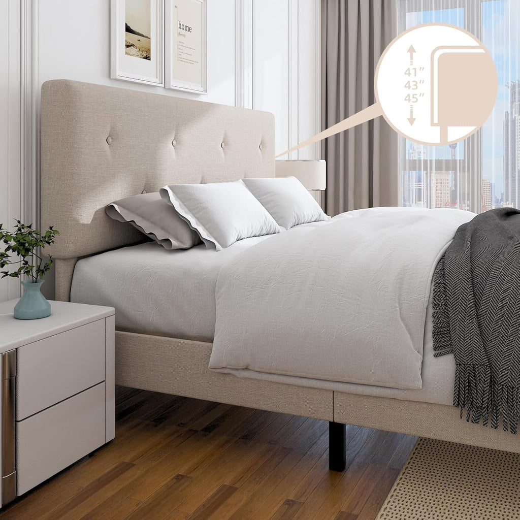 King Size Linen Bed Frame, Upholstered Platform Bed Frame with Adjustable Headboard, Wooden Slats Support, Easy Assembly, No Box Spring Needed, Beige