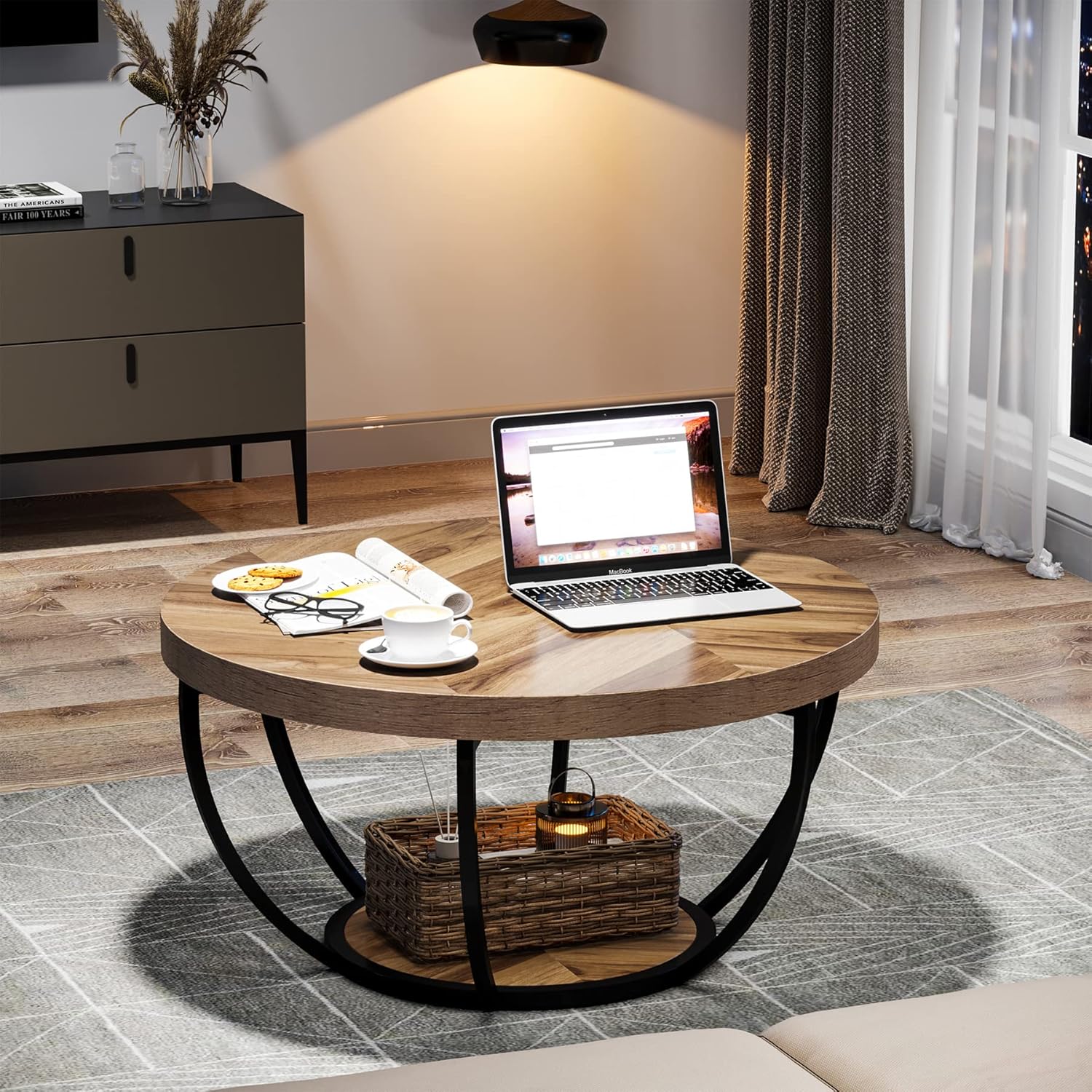 Tribesigns 31.7" Round Industrial Coffee Table with 2-Tier Storage Shelves, Modern Wood & Black Metal Accent Center Table for Living Room, Home Office – Easy Assembly