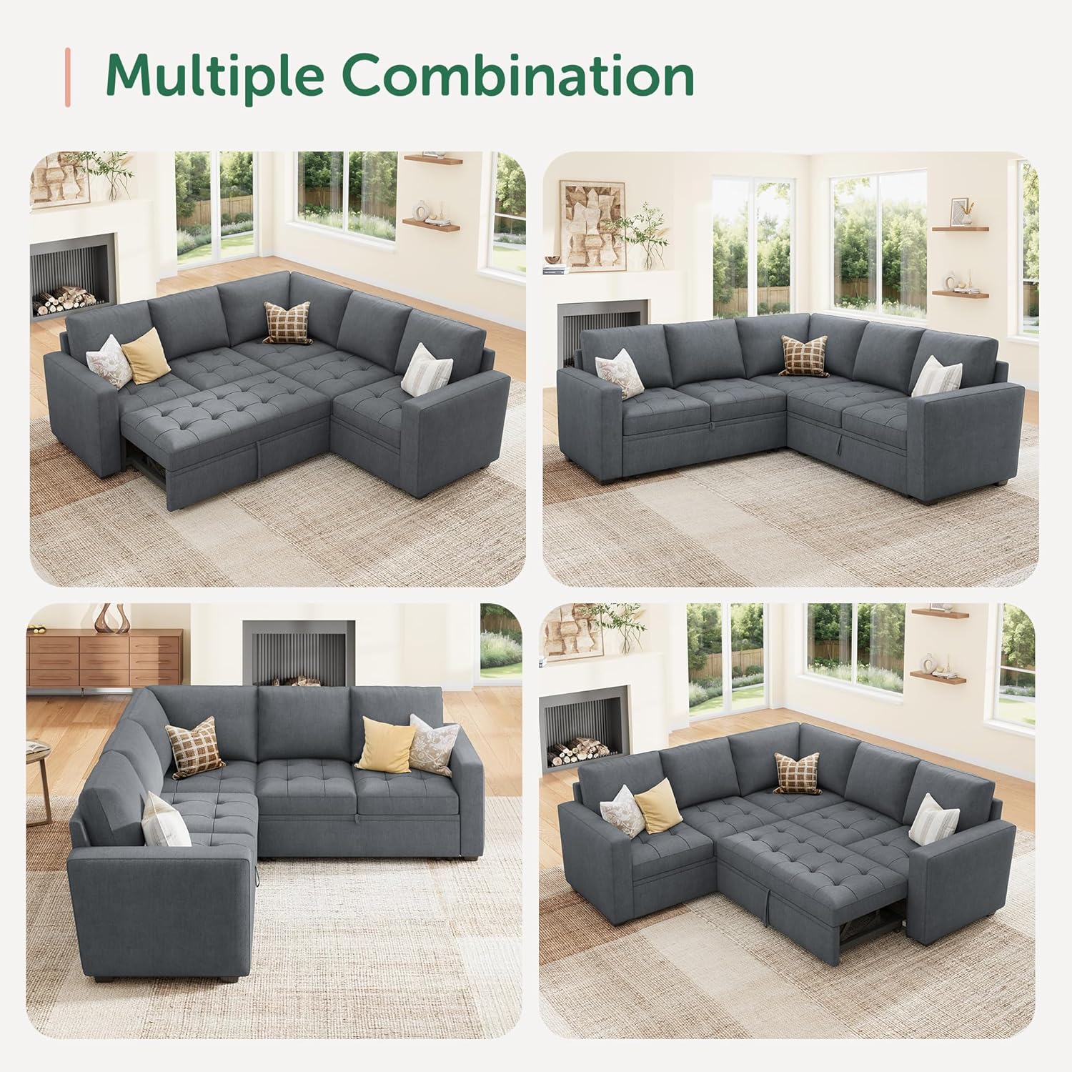 HONBAY Modular Sectional Sleeper Sofa with Pull Out Couch Bed, L Shaped Couch with Storage Seat, Sectional Couches for Living Room,Bluish Grey