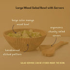 Salad Bowl with Servers, Wooden Bowl, 12.5" Wide