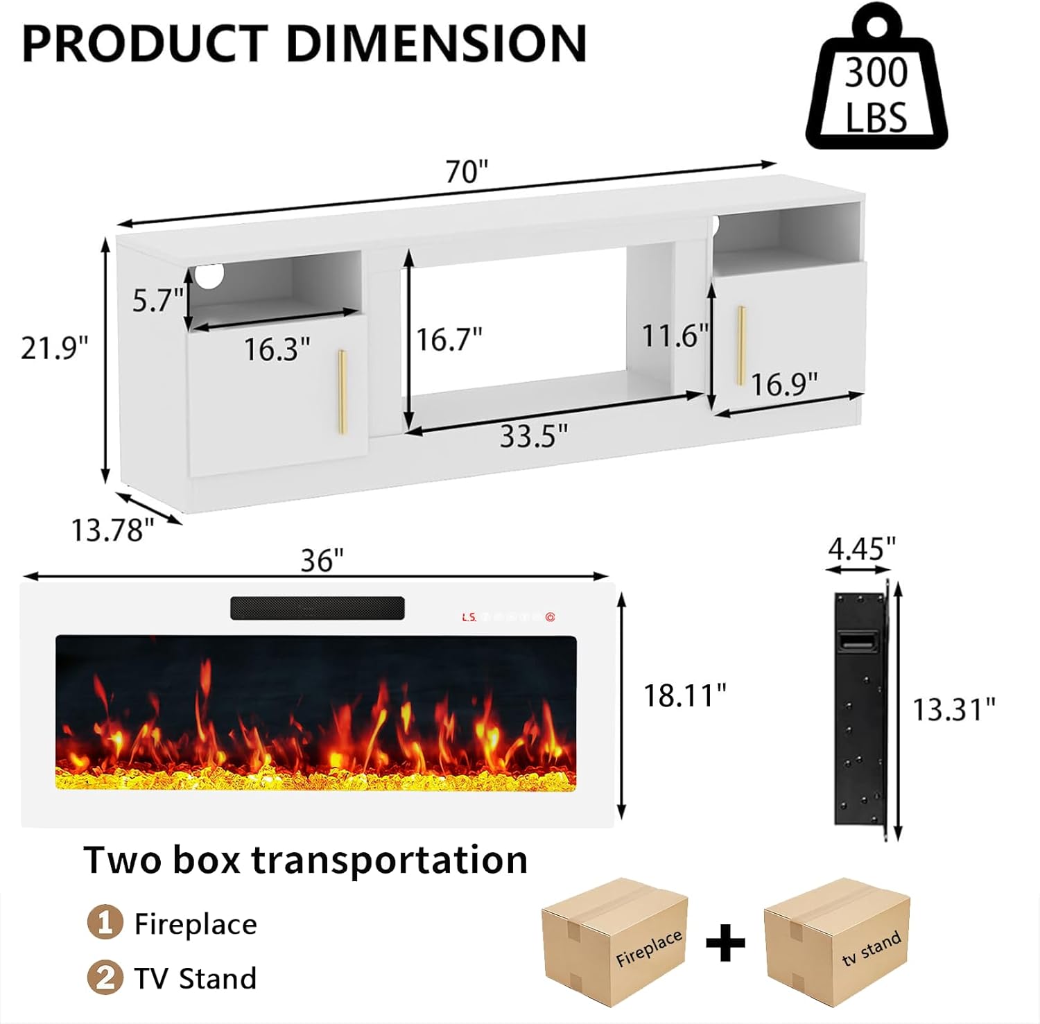 Fireplace TV Stand with 36" Fireplace Up to 80" TVs,70" Entertainment Center with LED Lights,Remote Control,TV Media Console with Storage Cabinets for Living Room, White+White