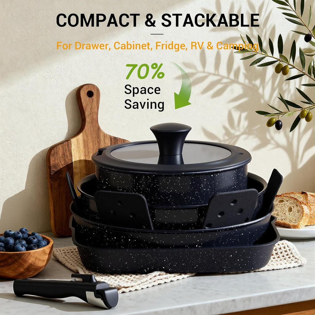 Ammeloo 21 Pcs Pots and Pans Set Non Stick with Detachable Handle & Grill Pan, Induction Ceramic Cookware Set, Non Toxic Kitchen Pots and Pans Set for RVs,Camping, Oven/Dishwasher Safe, Black